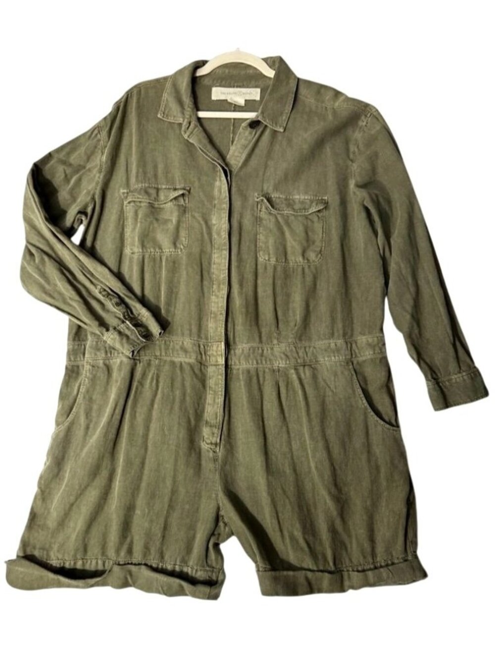 Treasure & Bond Womens Utility Romper Linen Rayon XXL Olive Green Long Sleeve